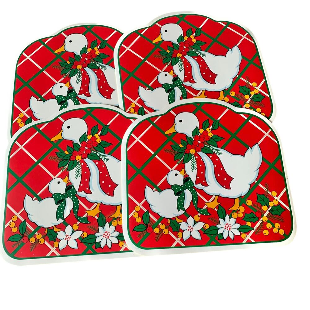 Vintage Vinyl Placemats Town & Country Geese Ducks Christmas Set 4 Holiday Plaid